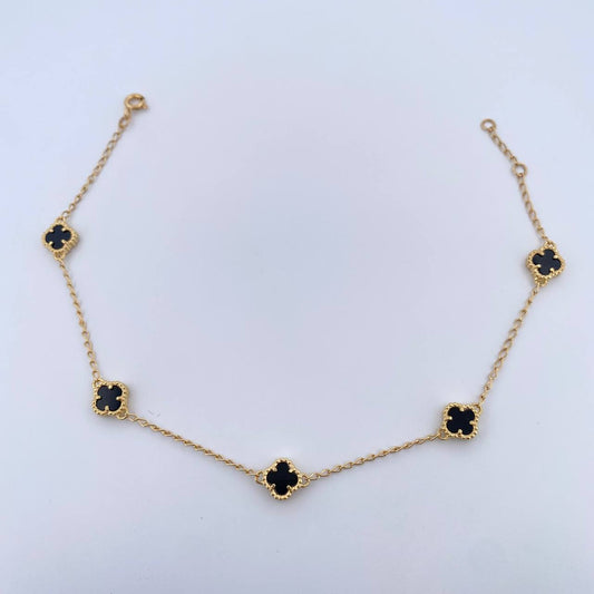 Tobillera Espiga Trebol  5.1gr / 22.6cm-24cm / 1.3mm Onix Negra Oro Amarillo 18K $