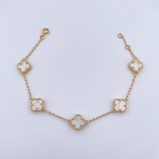 Pulso Espiga Trebol 6.45gr / 18cm-19.2cm / 1.6mm Nacar Blanco Oro Amarillo 18K $