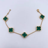 Pulso Espiga Trebol 7.85gr / 17.3cm-18.5cm / 1.6mm Malaquita Verde Oro Amarillo 18K $