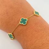 Pulso Espiga Trebol 7.85gr / 17.3cm-18.5cm / 1.6mm Malaquita Verde Oro Amarillo 18K $