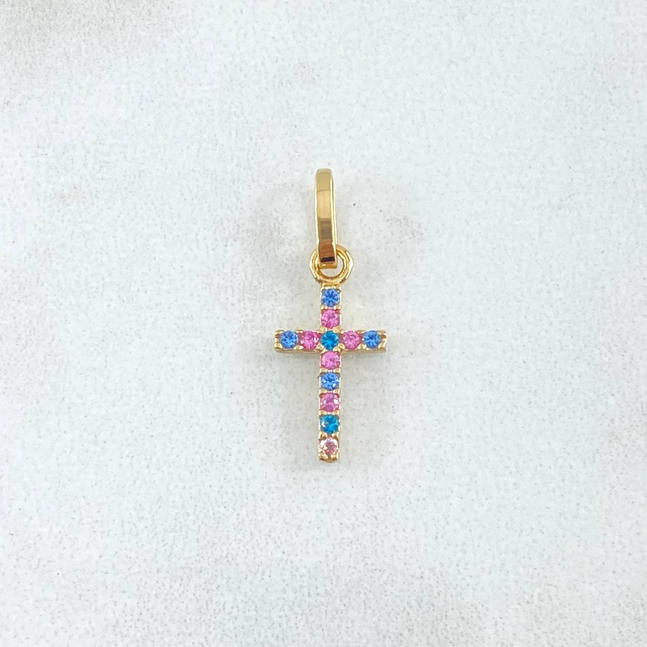 Dije Cruz Doble Faz 0.65gr / 2cm / Circones Blancos Rosados Azules Oro Amarillo 18K
