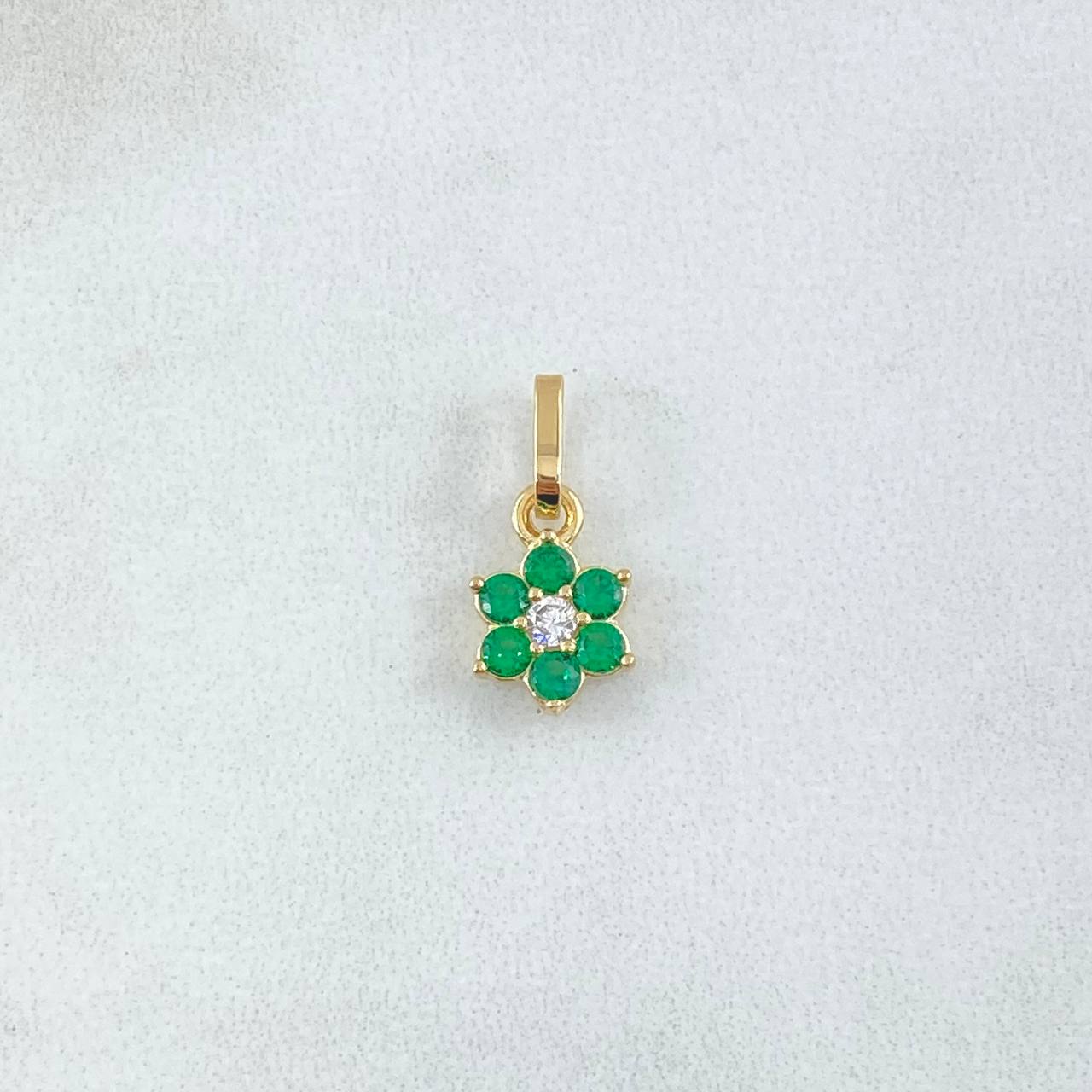 Pendant Flor Nevada 0.8gr / 1.5cm / White and Green Zircons 18K Yellow Gold