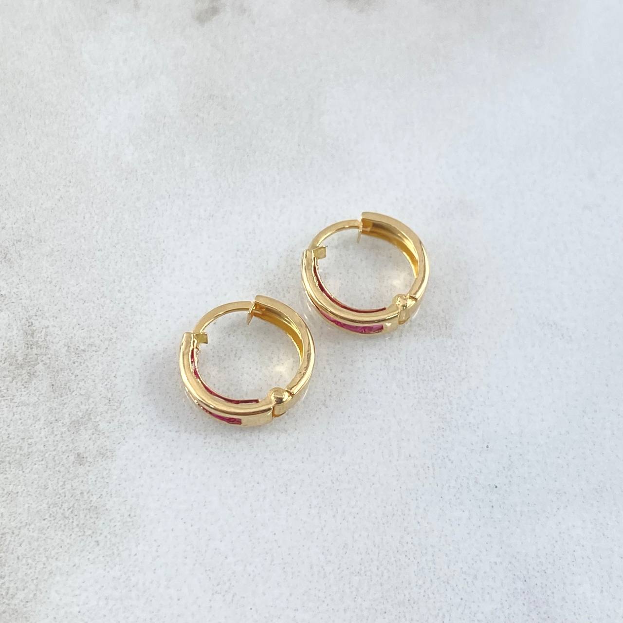 Hoop Earrings Hoop 0.85gr / 1cm / Fuchsia Zircons 18K Yellow Gold *