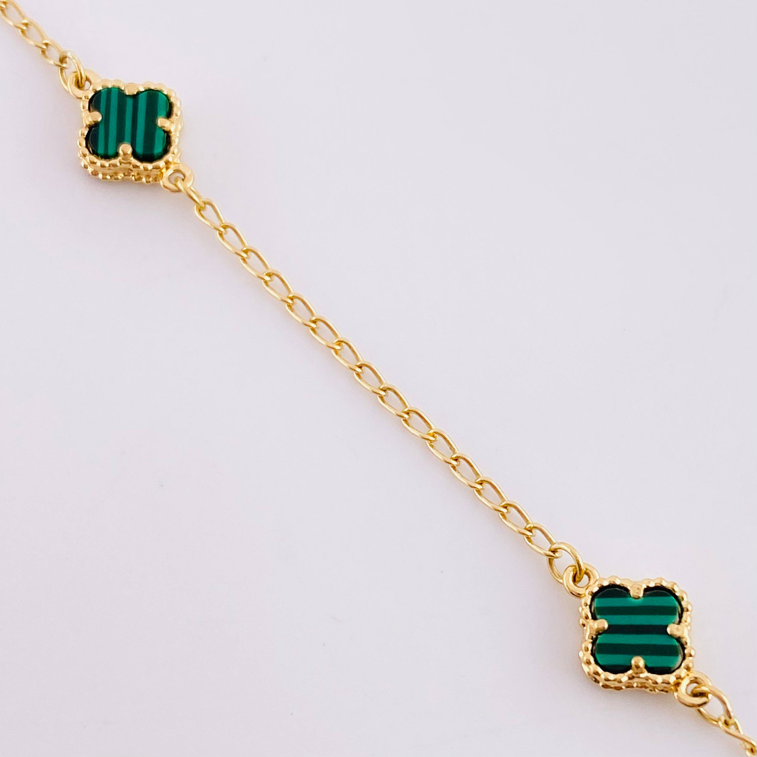 Pulso Aro Seguido Trebol Malaquita 2.9g / 7 1/4 in / 1.5mm Oro Amarillo 18K