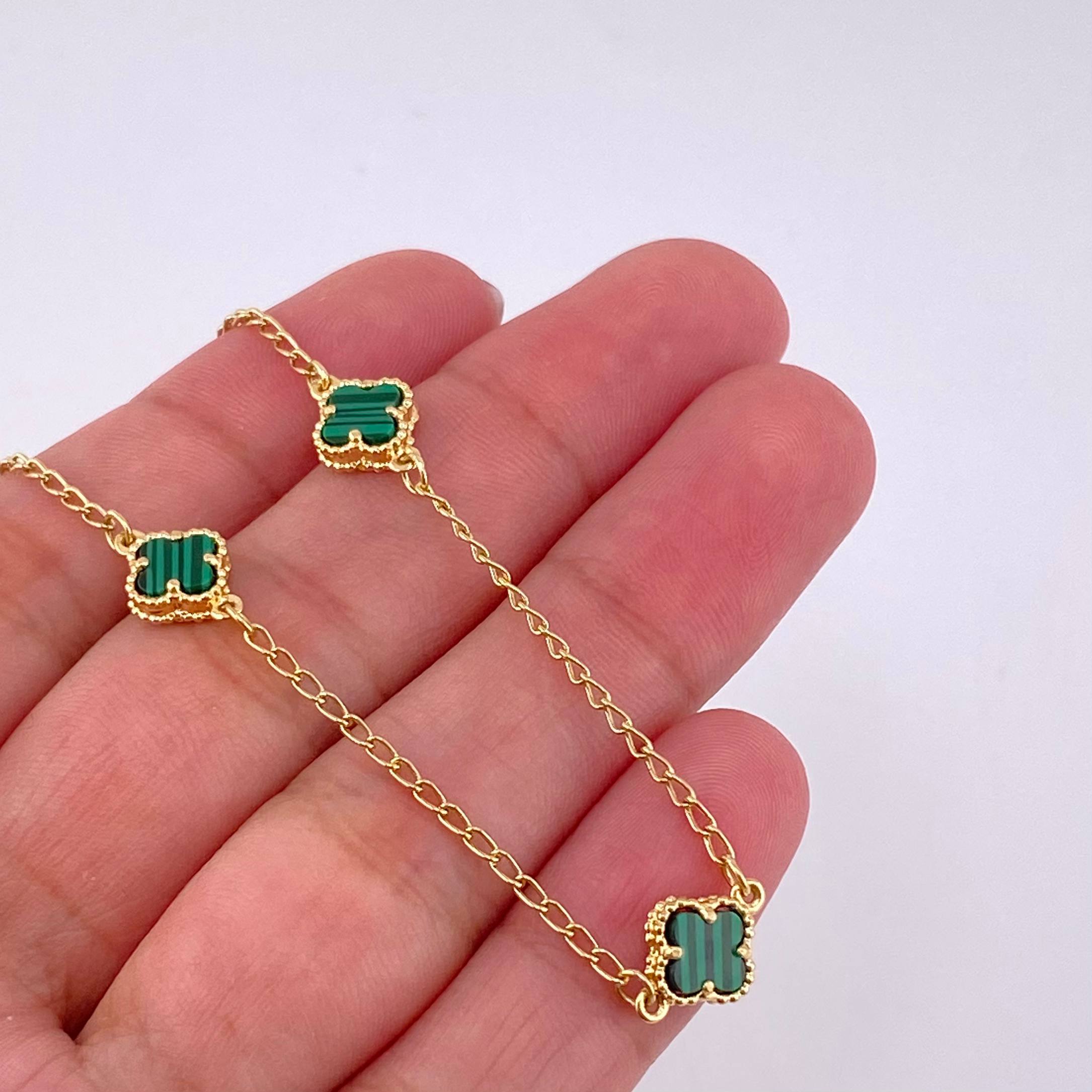 Classic Link Bracelet Clover Malachite 2.8g / 7 in / 1.5mm Yellow Gold 18K