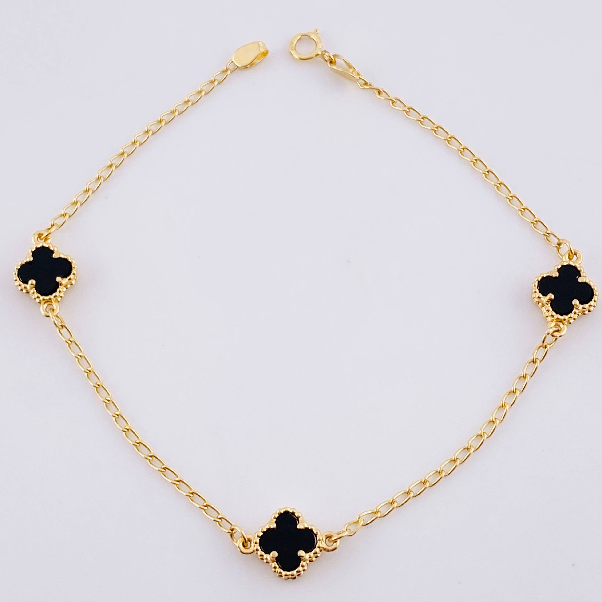 Classic Link Bracelet Clover Onyx 2.95g / 7 1/4 in / 1.5mm Yellow Gold 18K