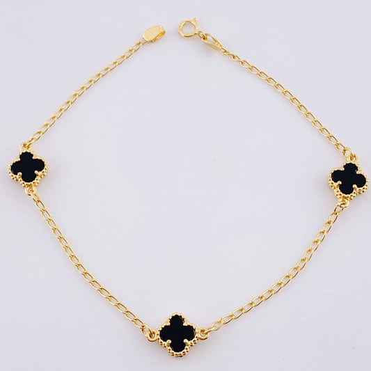 Classic Link Bracelet Clover Onyx 2.95g / 7 1/4 in / 1.5mm Yellow Gold 18K