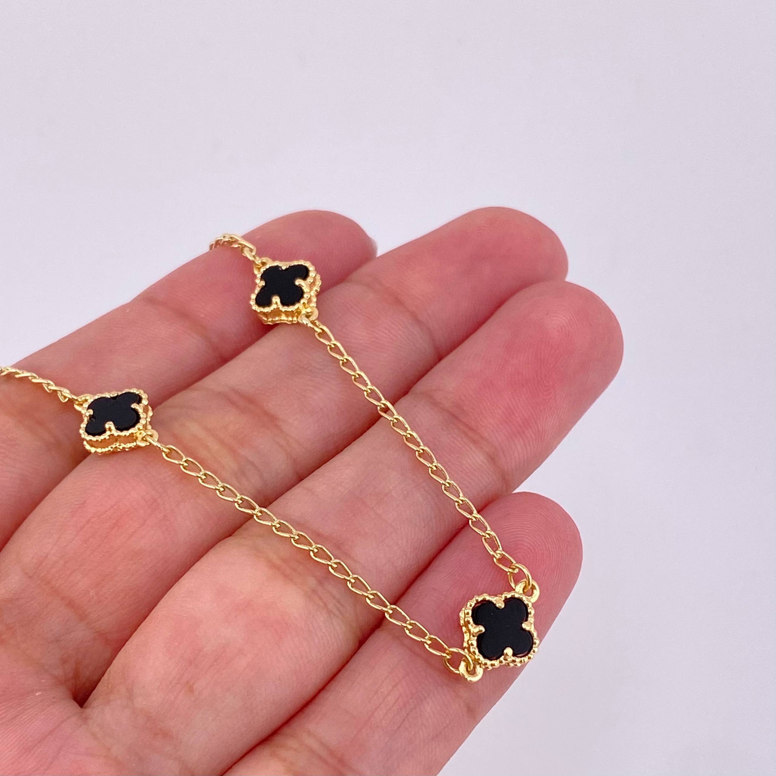Classic Link Bracelet Clover Onyx 2.95g / 7 1/4 in / 1.5mm Yellow Gold 18K