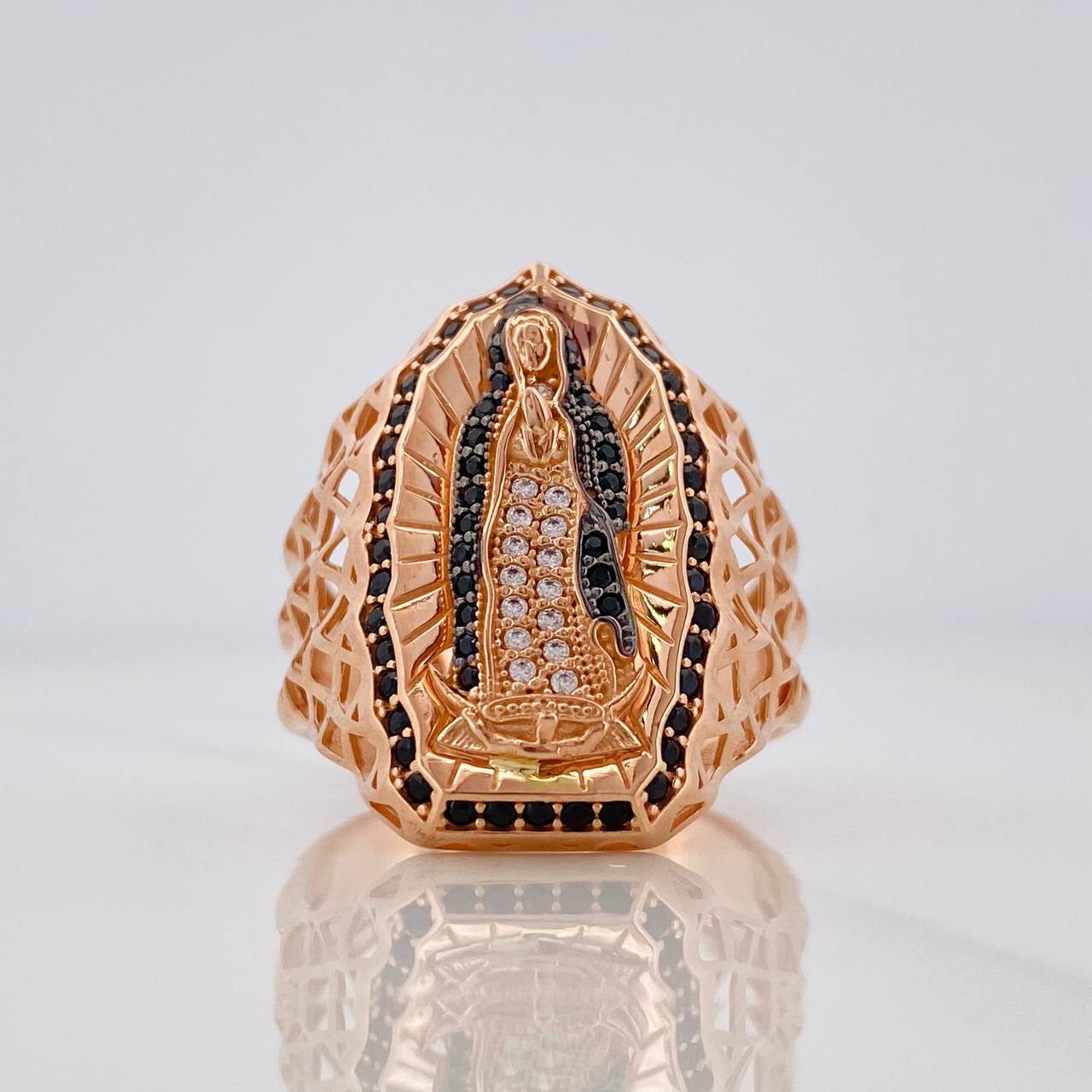 Anillo Virgen Guadalupe 8g / T11 Dos Oros Negro Rosa 18K