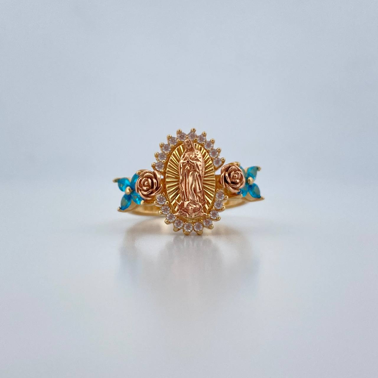 Virgin Guadalupe Ring 5.85gr / Size 7 1/2 / White and Blue Zircons Two 18K Yellow and Rose Golds &
