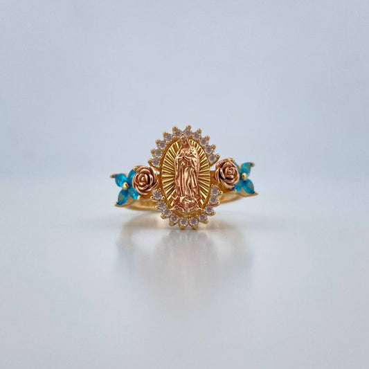 Virgin Guadalupe Ring 5.85gr / Size 7 1/2 / White and Blue Zircons Two 18K Yellow and Rose Golds &