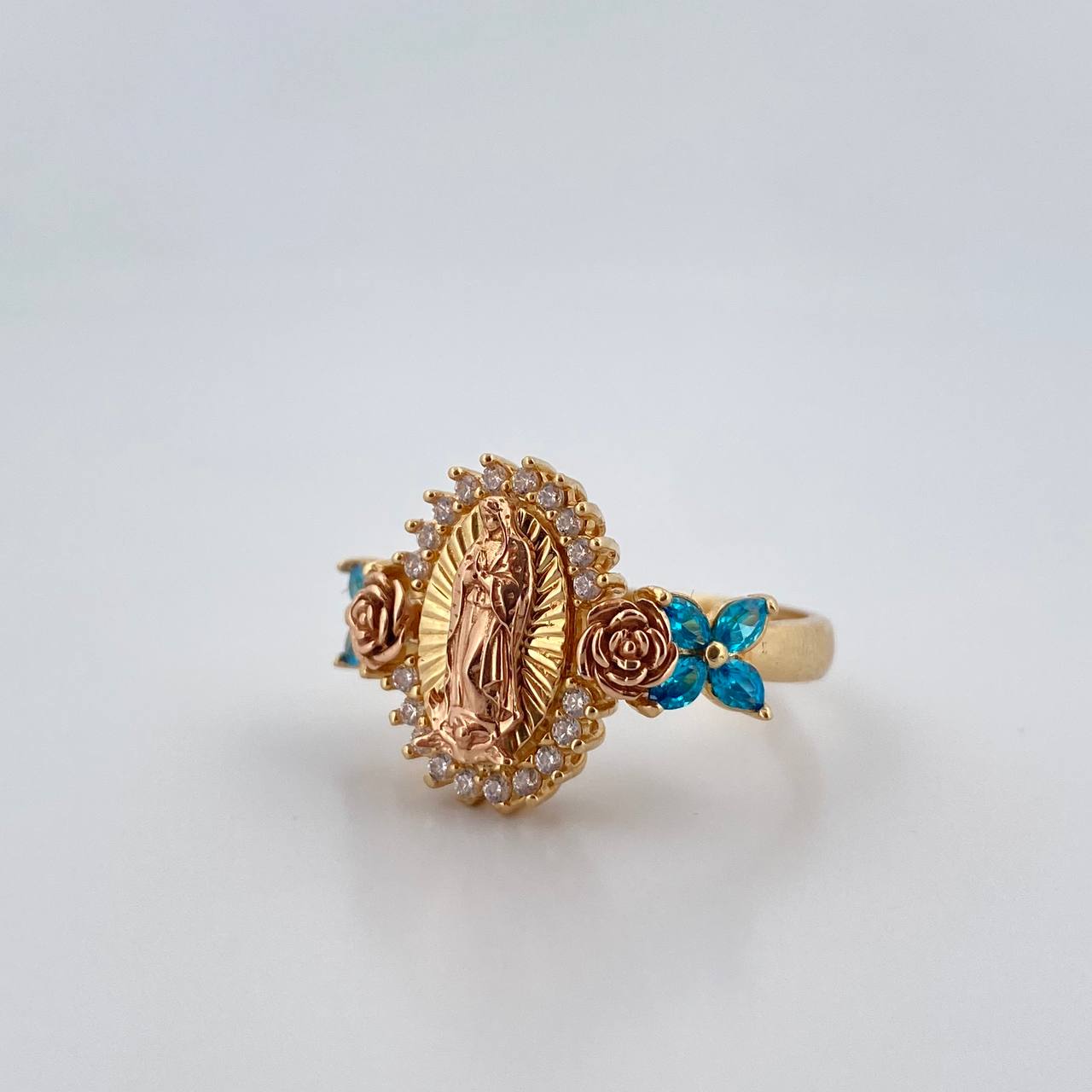 Virgin Guadalupe Ring 5.85gr / Size 7 1/2 / White and Blue Zircons Two 18K Yellow and Rose Golds &