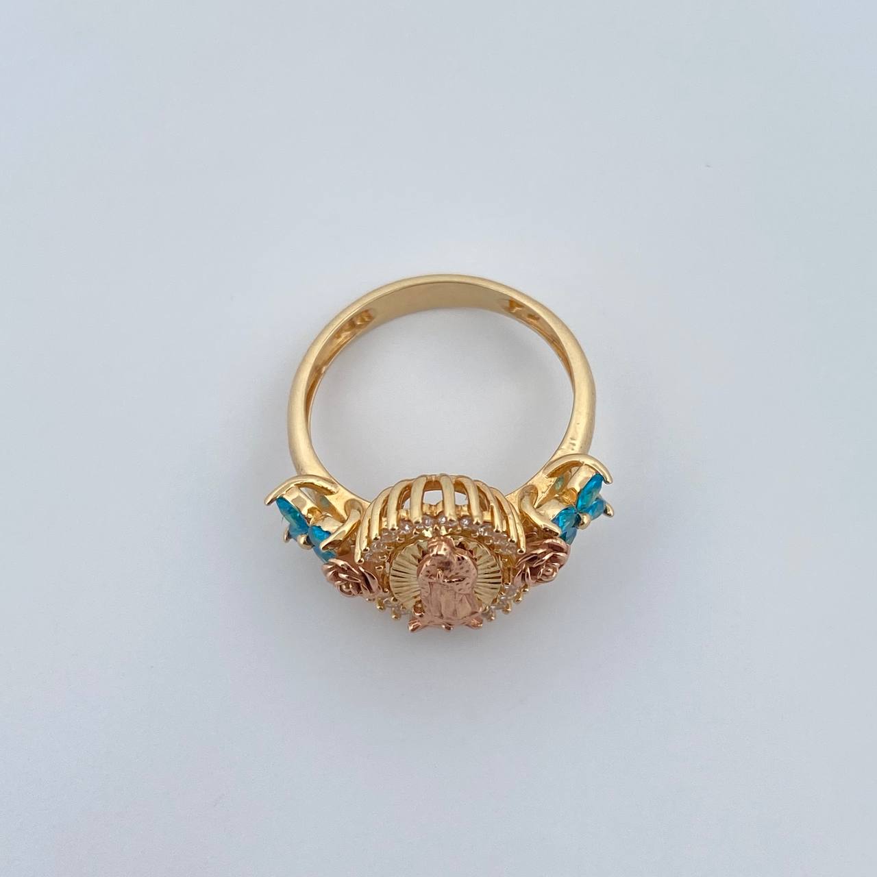Virgin Guadalupe Ring 5.85gr / Size 7 1/2 / White and Blue Zircons Two 18K Yellow and Rose Golds &
