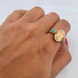 Virgin Guadalupe Ring 5.85gr / Size 7 1/2 / White and Blue Zircons Two 18K Yellow and Rose Golds &