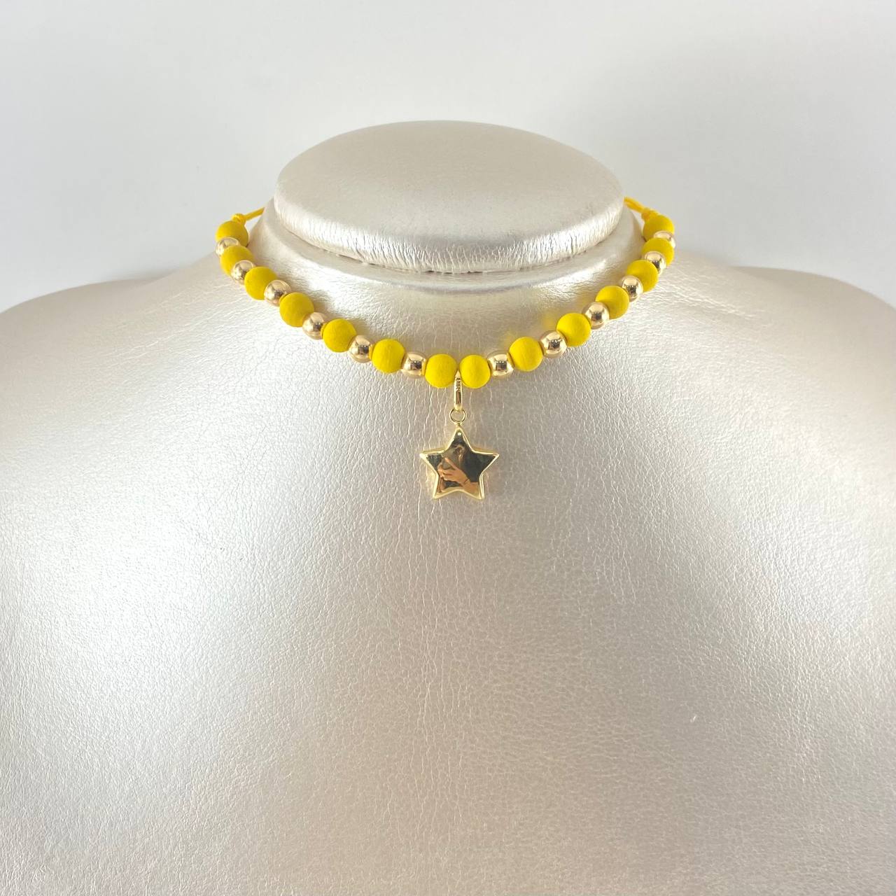 Choker Amarillo Estrella 1.68gr / 5mm Bolas Lisas 12 Und Oro Amarillo 18K