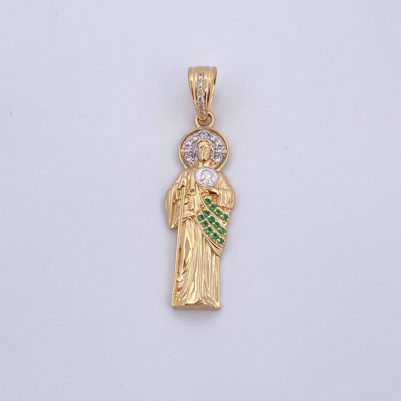 Pendant San Judas 4.2gr / 4.1cm / White and Green Zircons Two 18K Yellow and White Gold $