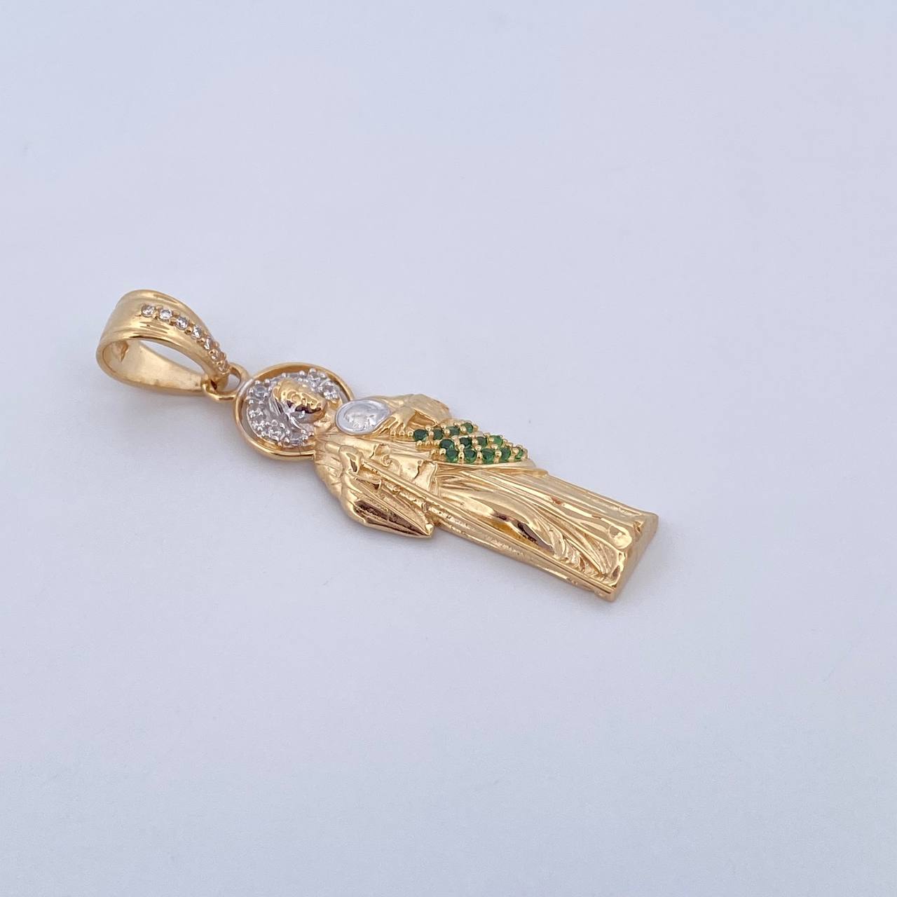Pendant San Judas 4.2gr / 4.1cm / White and Green Zircons Two 18K Yellow and White Gold $