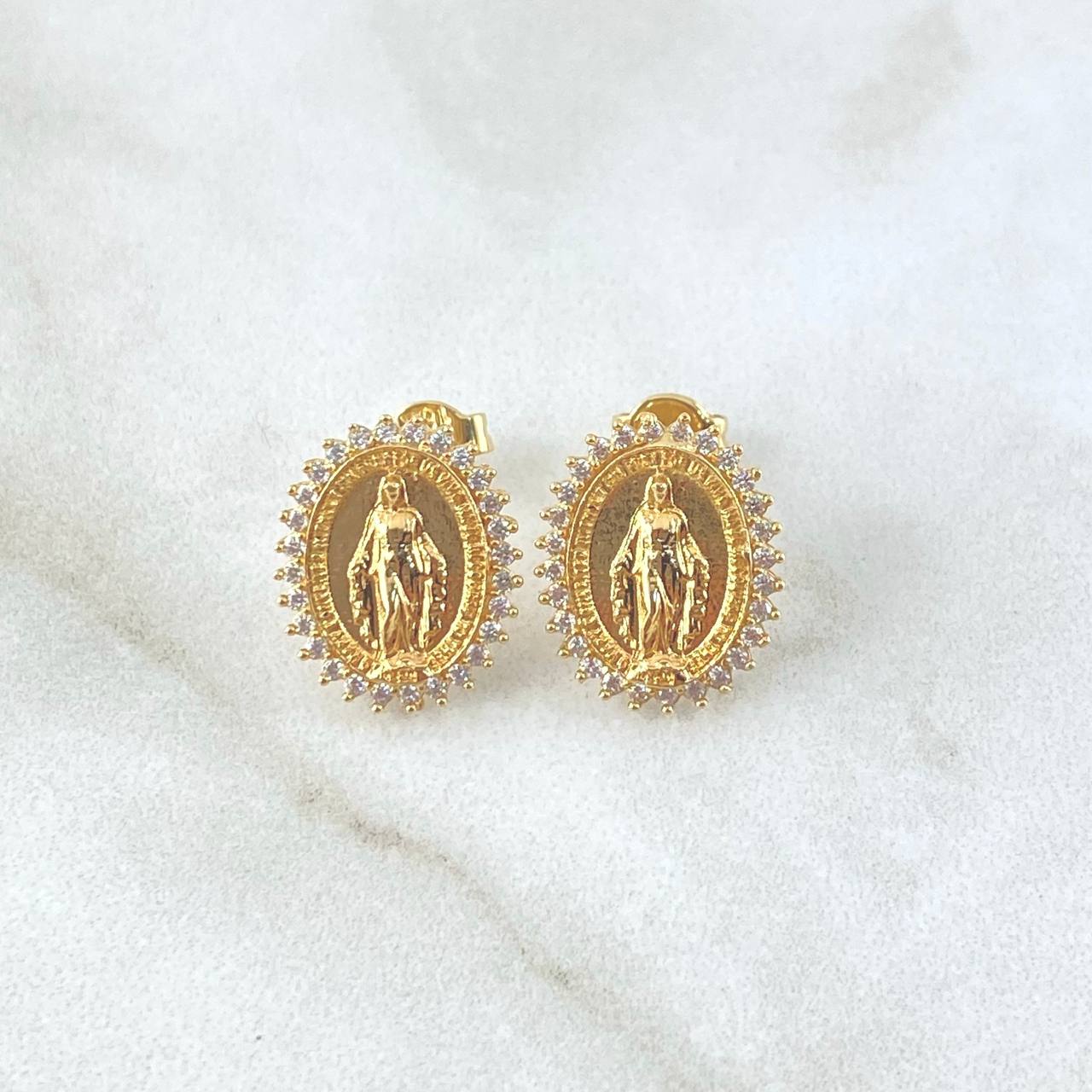 Topos Virgen Milagrosa 2.95gr / 1.4cm / Circones Blancos Broche Mariposa Oro Amarillo 18K *