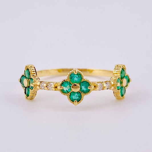 Anillo Trío Trebol Esmeraldas 25pts Diamantes 8pts 2.15gr / T6 3/4 / Oro Amarillo 18K ©