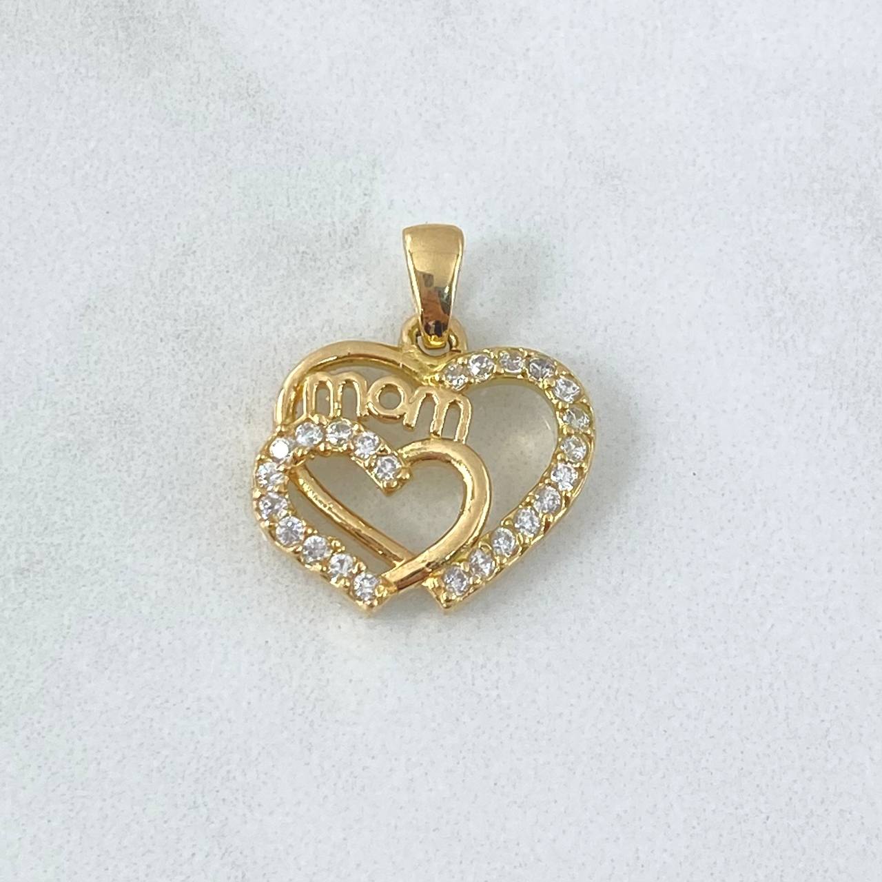 Pendant Double Heart Mom 3.2gr / 2cm / White Zircons 18K Yellow Gold ©
