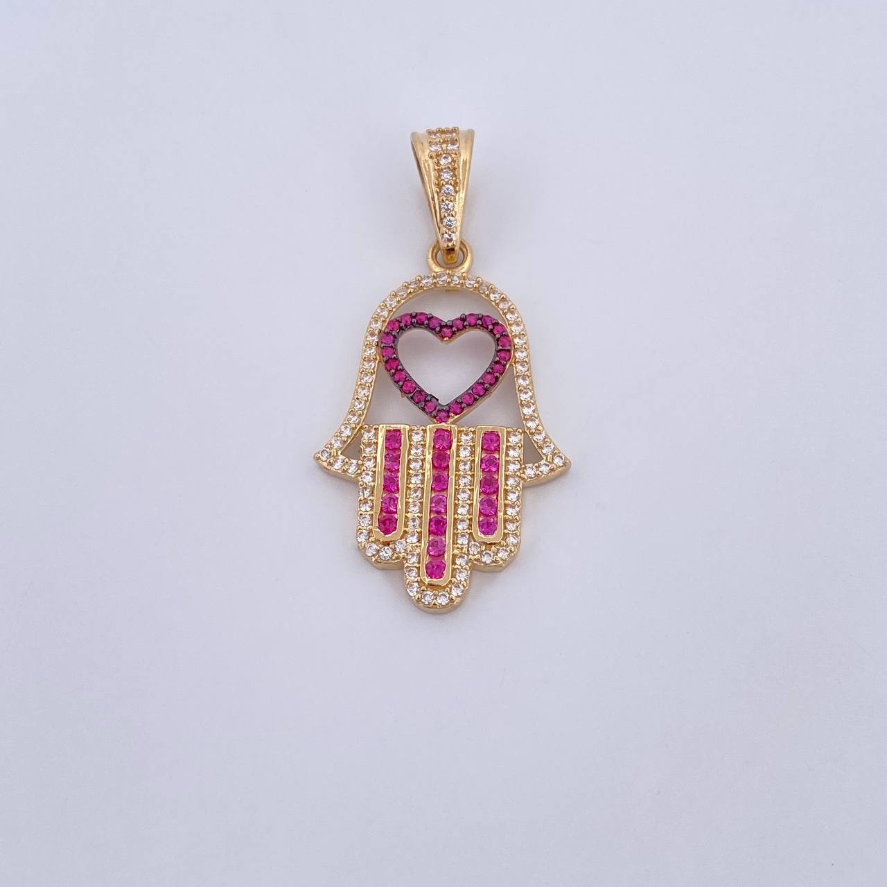 Dije Mano Hamsa 4.25gr / 3.9cm / Circones Fucsias Blancos Dos Oros Negro Amarillo 18K &