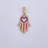 Dije Mano Hamsa 4.25gr / 3.9cm / Circones Fucsias Blancos Dos Oros Negro Amarillo 18K &