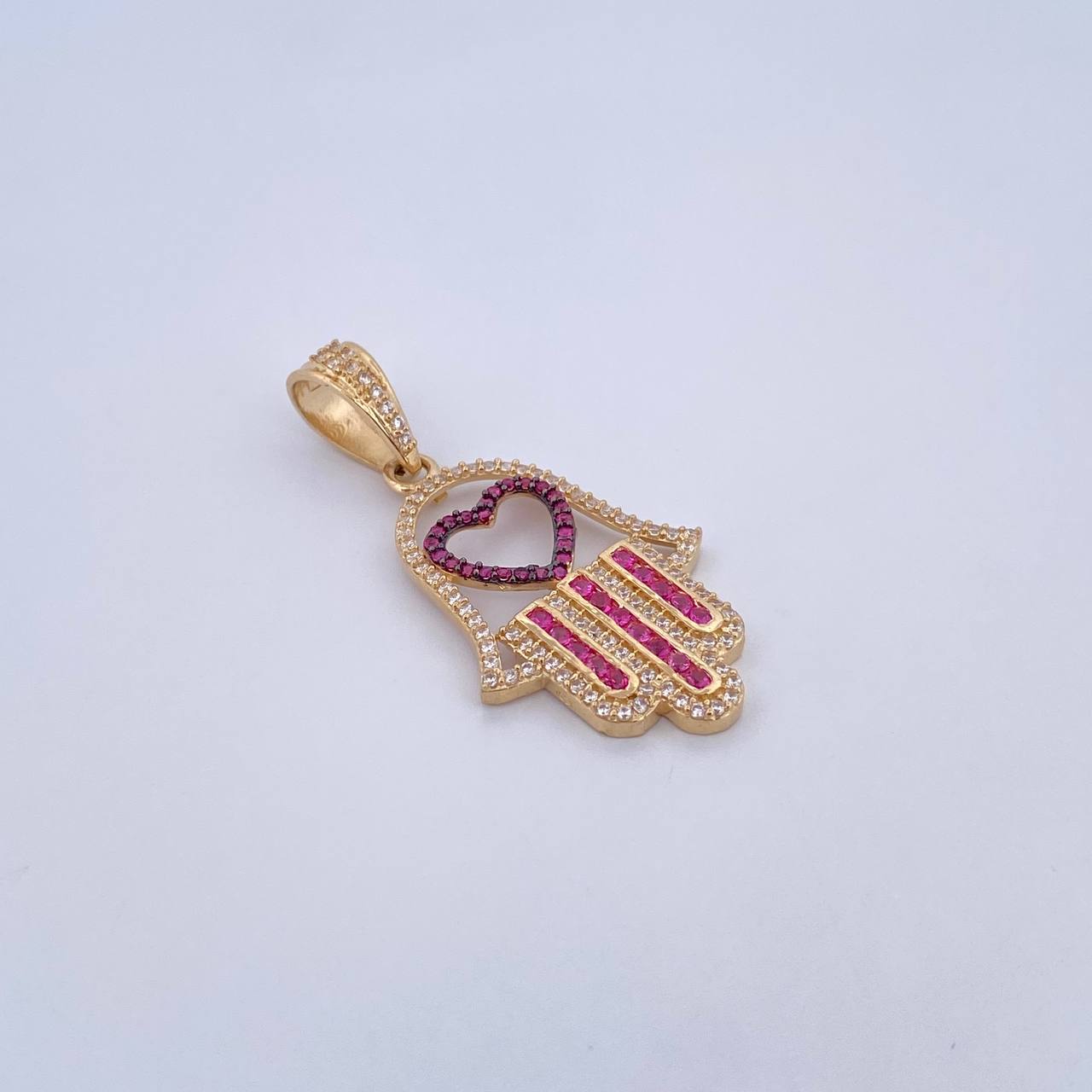 Dije Mano Hamsa 4.25gr / 3.9cm / Circones Fucsias Blancos Dos Oros Negro Amarillo 18K &
