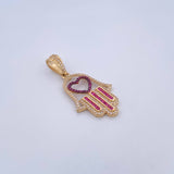 Dije Mano Hamsa 4.25gr / 3.9cm / Circones Fucsias Blancos Dos Oros Negro Amarillo 18K &