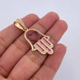 Dije Mano Hamsa 4.25gr / 3.9cm / Circones Fucsias Blancos Dos Oros Negro Amarillo 18K &