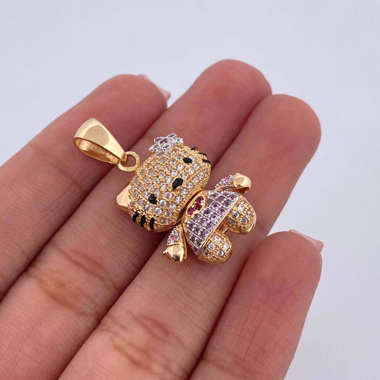 Pendant Cat 5.65gr / 2.8cm / White Fuchsia Pink Zircons Two 18K Yellow White Gold $