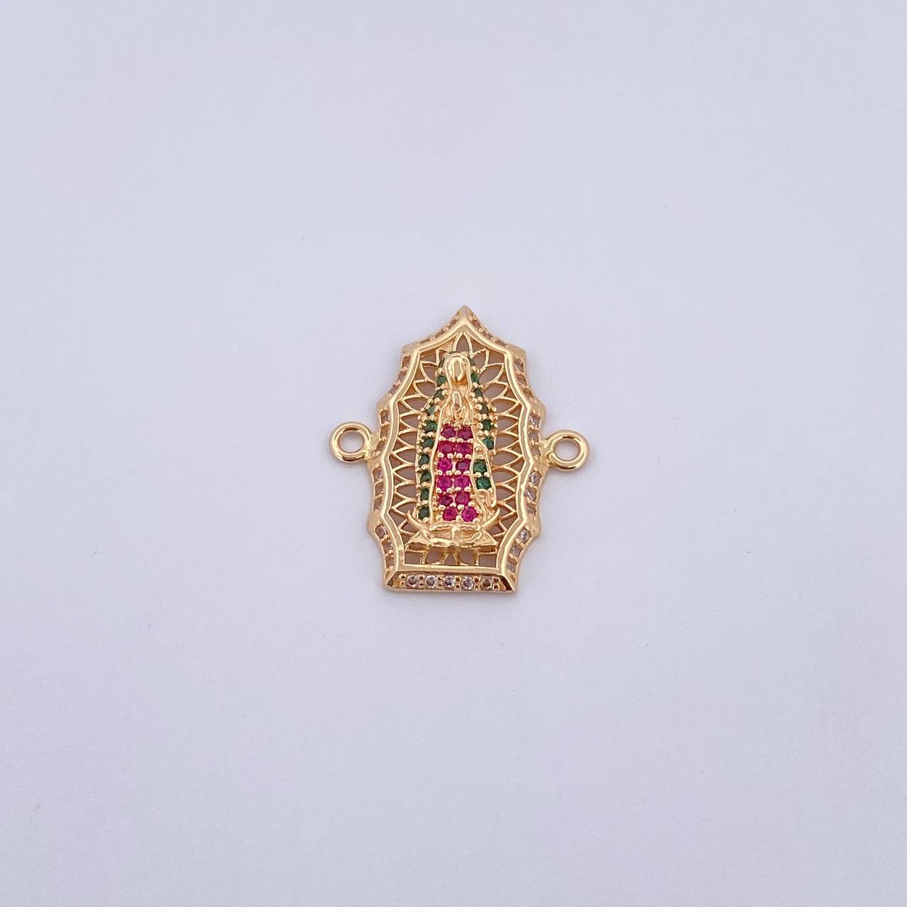 Charm Virgen Guadalupe 2.8gr / 2.3cm / Fuchsia Green White Zircons 18K Yellow Gold $