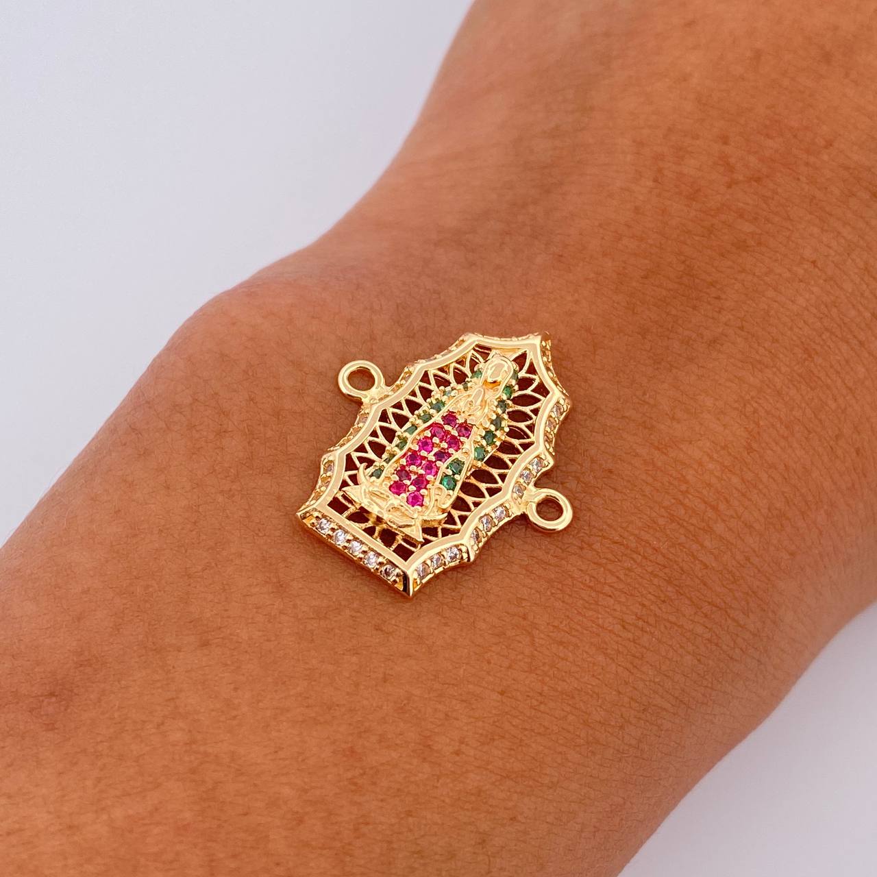 Charm Virgen Guadalupe 2.8gr / 2.3cm / Fuchsia Green White Zircons 18K Yellow Gold $