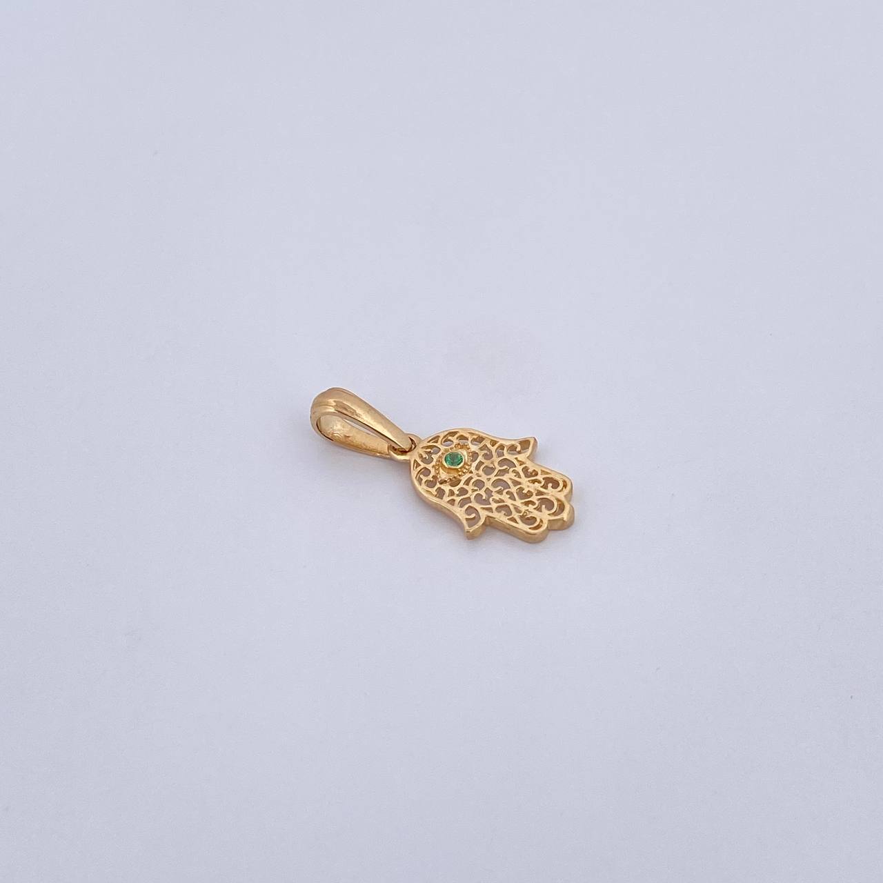 Dije Mano Hamsa 0.75gr / 2cm / Circon Verde Oro Amarillo 18K &