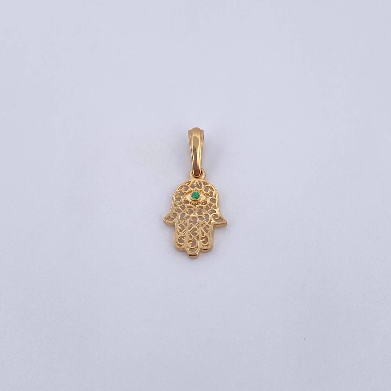 Dije Mano Hamsa 0.75gr / 2cm / Circon Verde Oro Amarillo 18K &