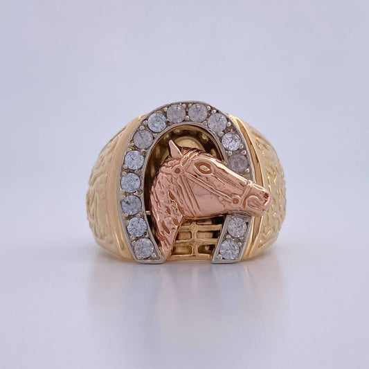 Horse Horseshoe Ring 16.4gr / Size 9 1/2 / White Zircons Three 18K Golds $