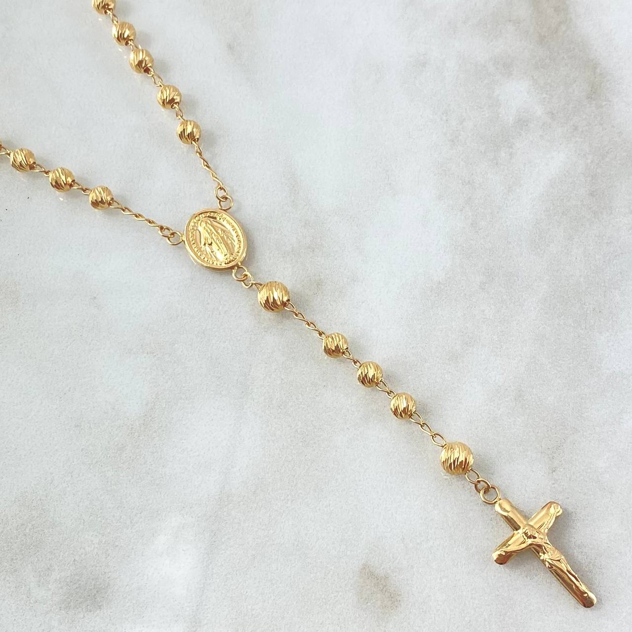 Rosary Virgin Miraculous Cross Christ 11.15gr / 50cm / 5mm-4mm Beads Diamond Cut 18K Yellow Gold ©