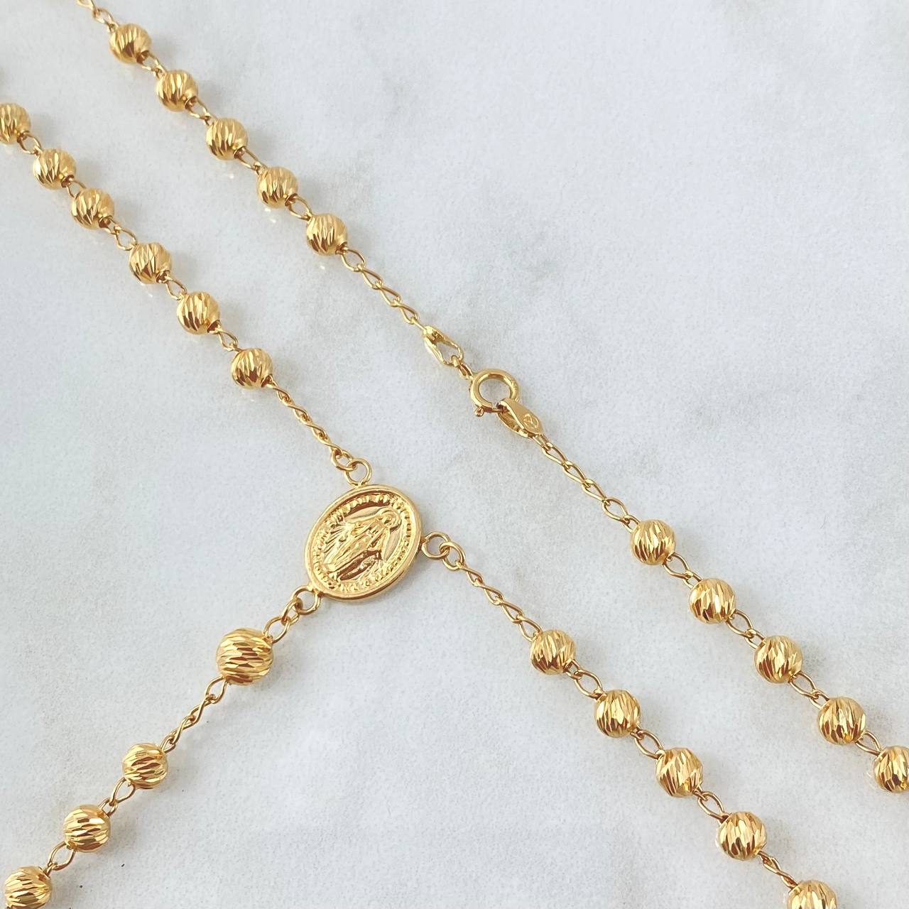 Rosary Virgin Miraculous Cross Christ 11.15gr / 50cm / 5mm-4mm Beads Diamond Cut 18K Yellow Gold ©