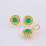 Circular Set Stud Earrings + Pendant Diamonds 37pts Emeralds 84pts 4.2gr / 1/2 in / 8mm 18K Yellow Gold ©