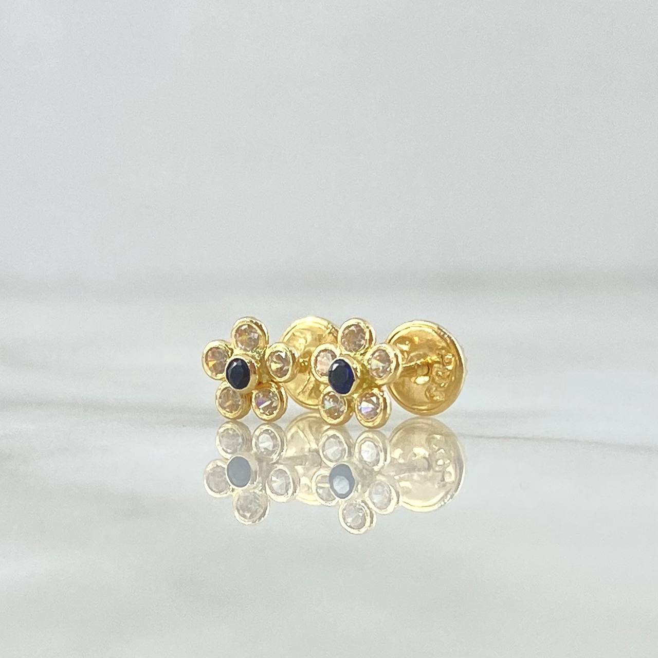 Stud Earrings Flor Sakura 0.7gr / 6mm White Zircons Royal Blue 18K Yellow Gold