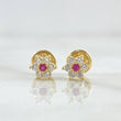 Stud Earrings Snow Flower 0.75gr / 5mm White Zircons Fuchsia 18K Yellow Gold