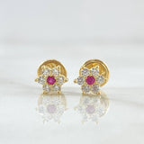 Stud Earrings Snow Flower 0.75gr / 5mm White Zircons Fuchsia 18K Yellow Gold