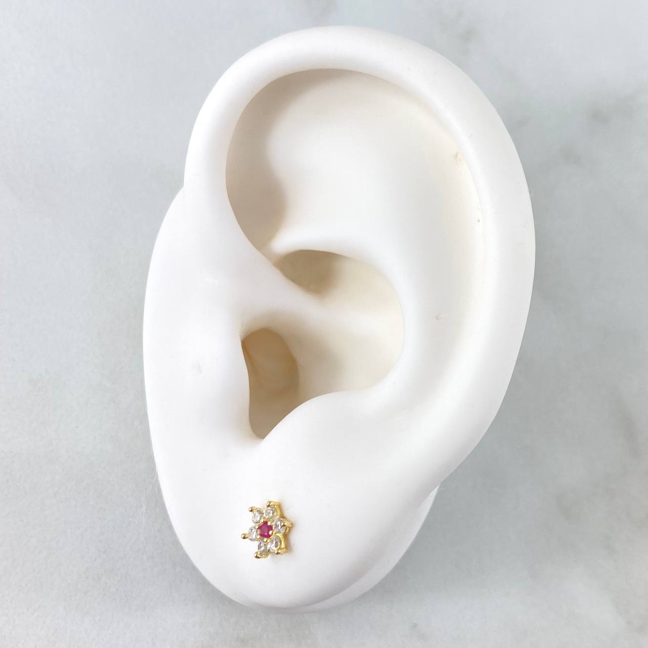 Stud Earrings Snow Flower 0.75gr / 5mm White Zircons Fuchsia 18K Yellow Gold