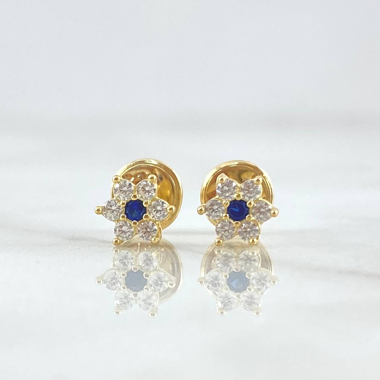 Stud Earrings Snow Flower 0.75gr / 5mm White Zircons Royal Blue 18K Yellow Gold