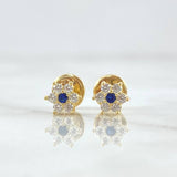 Stud Earrings Snow Flower 0.75gr / 5mm White Zircons Royal Blue 18K Yellow Gold