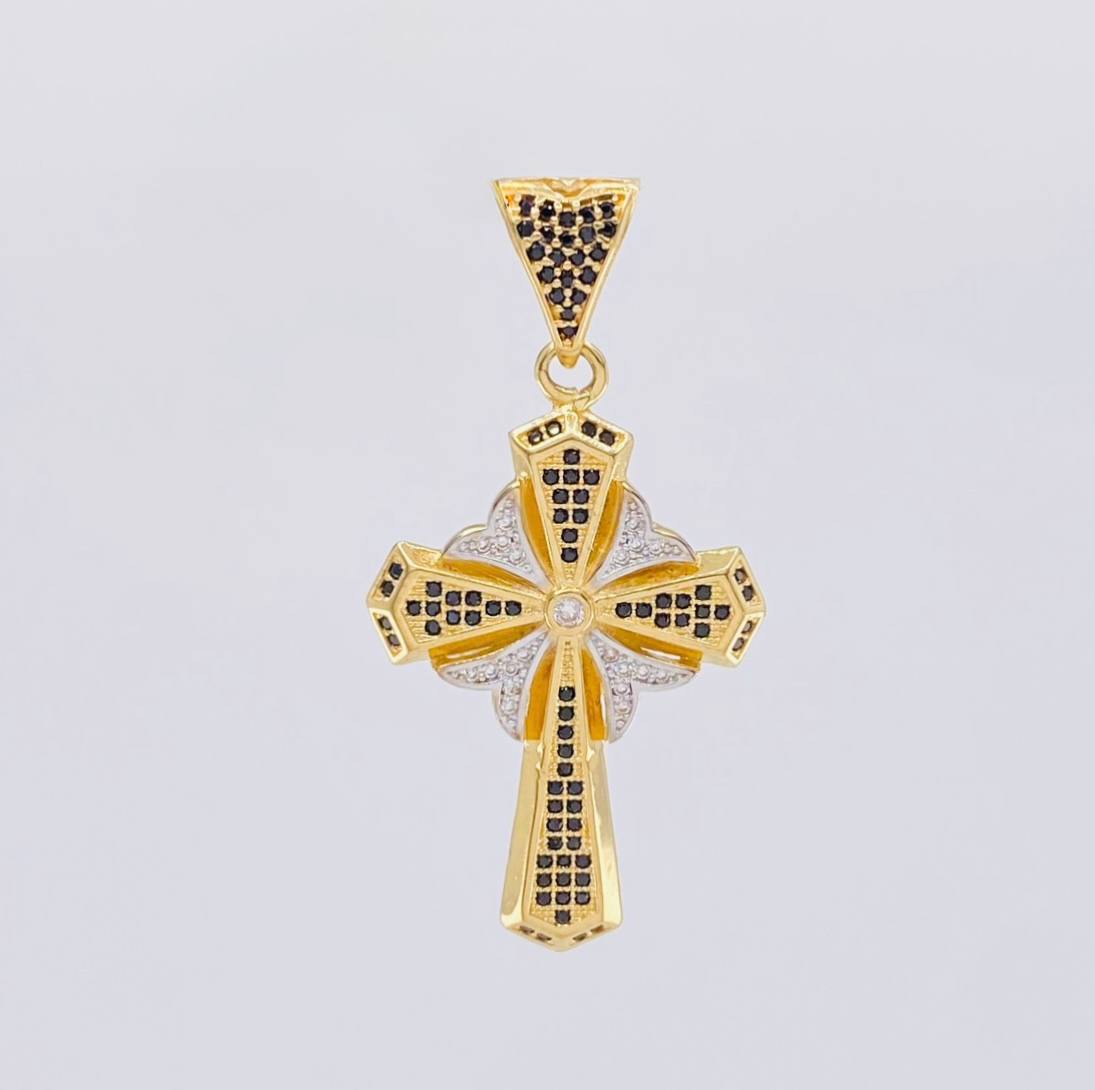 Dije Cruz Floral 6.6g / 1 3/4 in Dos Oros Amarillo Blanco 18K
