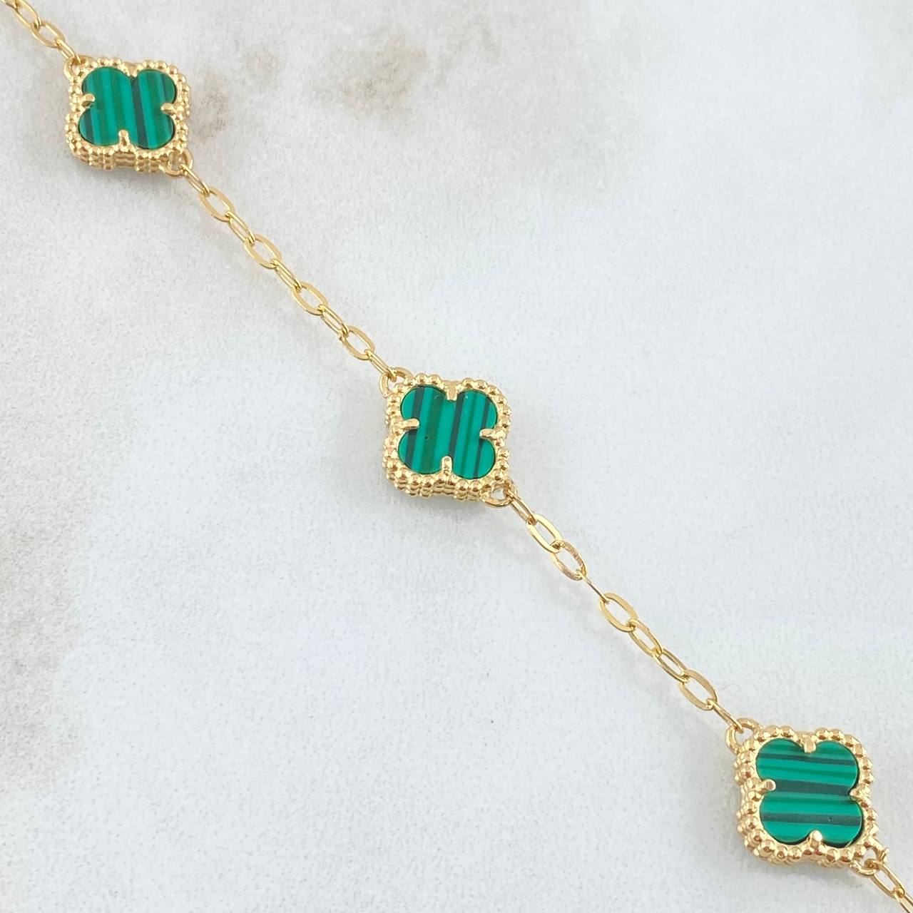 Classic Link Bracelet Gradual VCyA Clover 4.2gr / 16cm-19cm / 1.9mm Green Malachite Dotted 18K Yellow Gold *