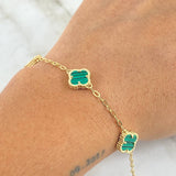 Classic Link Bracelet Gradual VCyA Clover 4.2gr / 16cm-19cm / 1.9mm Green Malachite Dotted 18K Yellow Gold *