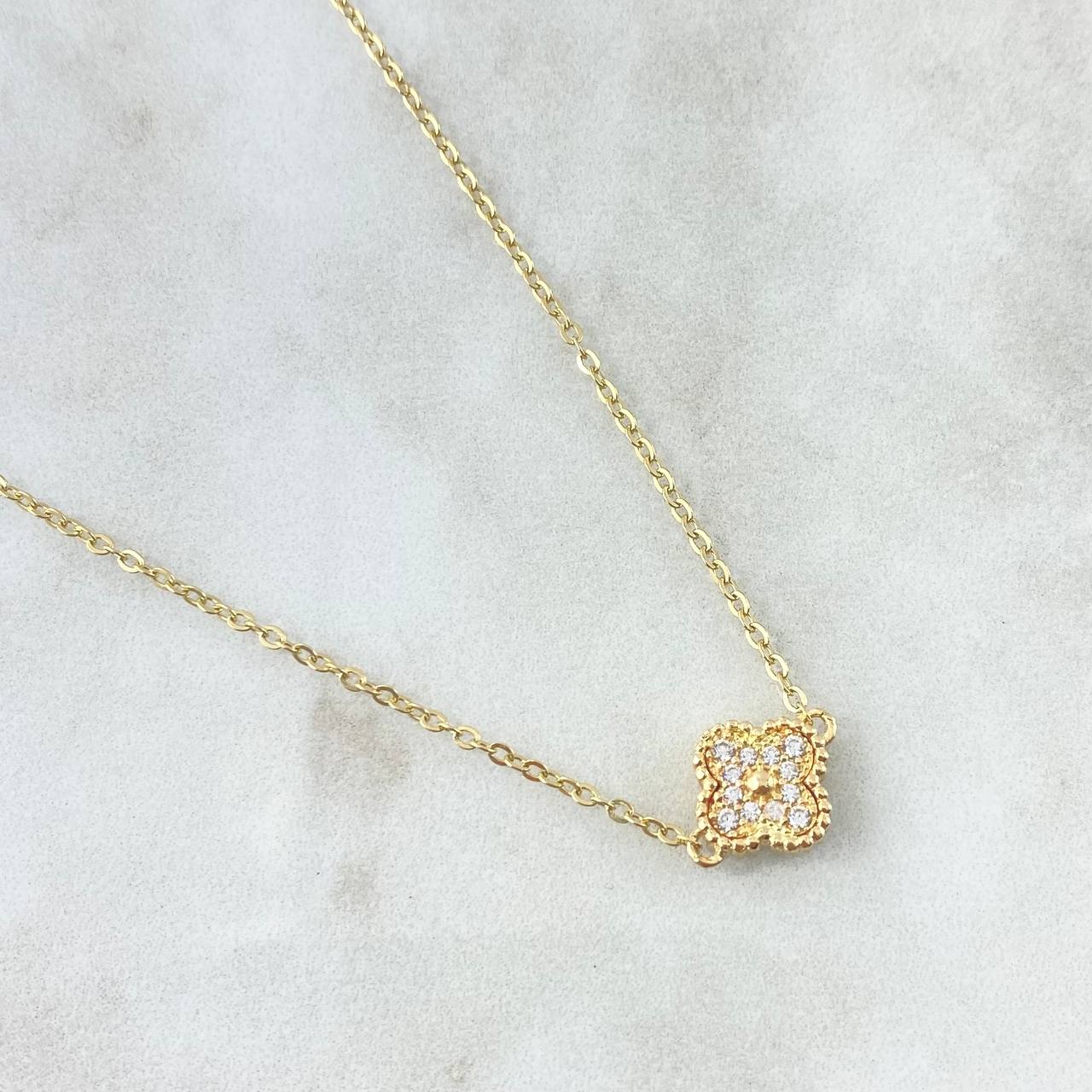Classic Link Chain Trébol VCyA 6.95gr / 45cm / 1.5mm Dotted White Zirconia 18K Yellow Gold