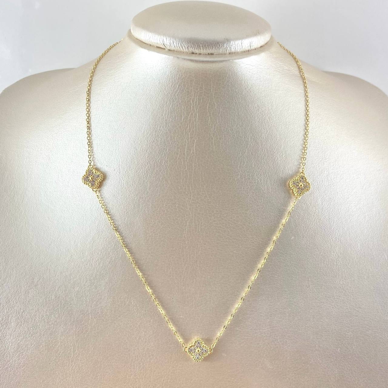 Classic Link Chain Trébol VCyA 6.95gr / 45cm / 1.5mm Dotted White Zirconia 18K Yellow Gold