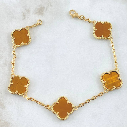 Classic Link Bracelet Trébol VCyA 14.3gr / 21.5cm / 3mm Ojo De Tigre Punteado Oro Amarillo 18K